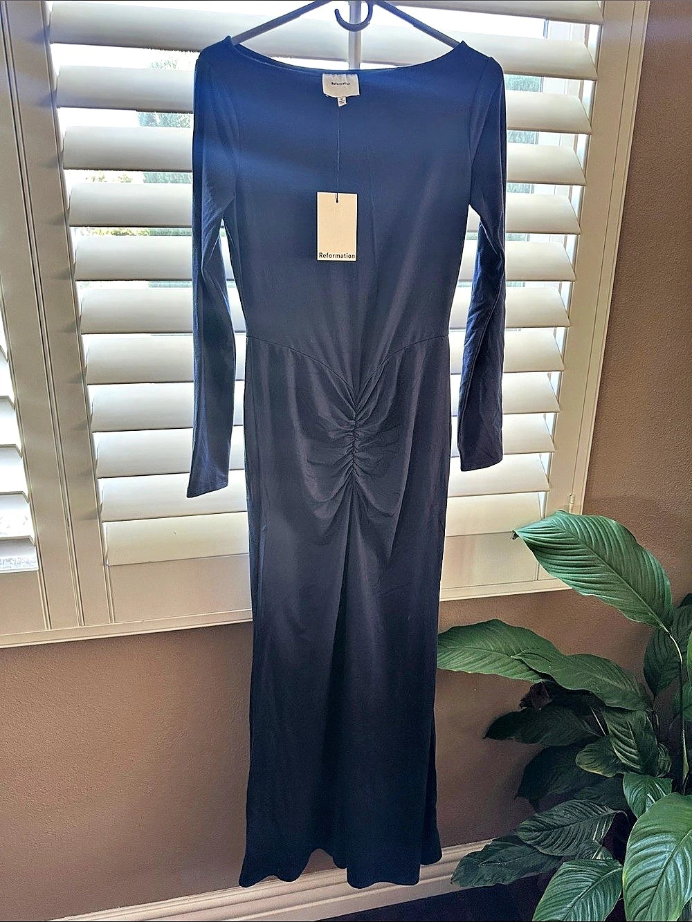 Reformation Alara Knit Dress Ruched Maxi Dress in Blue Size Medium NWT